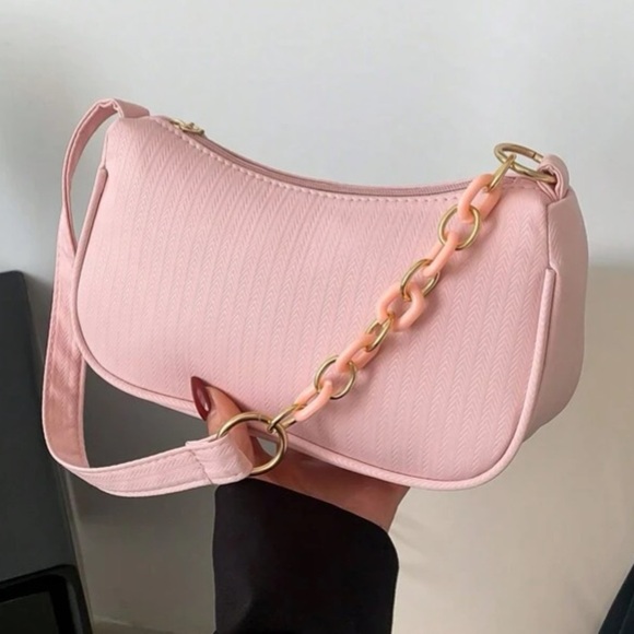 NWT PINK BAGUETTE CHAIN ZIP TOP SMALL HOBO SHOULDER BAG - Picture 9 of 12
